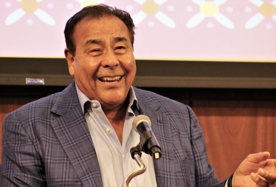 John Quiñones laughs while telling his growing-up story Saturday morning during a talk at Abilene Christian University.