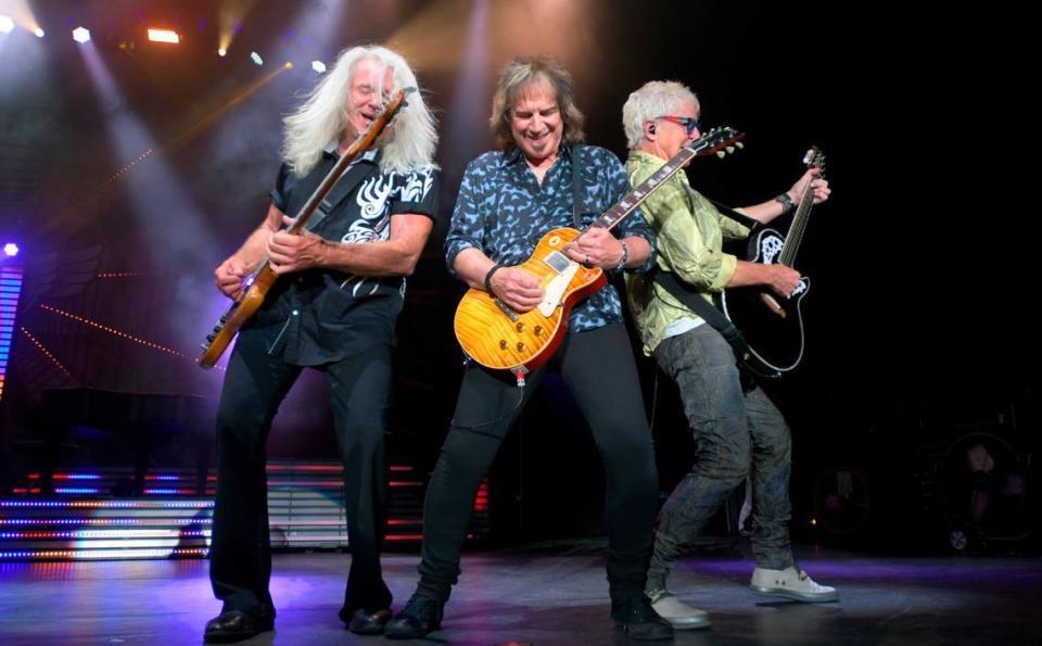 REO Speedwagon’s Bruce Hall (left), Dave Amato (center) and Kevin Cronin in concert at Raleigh, N.C.’s Coastal Credit Union Music Pavilion at Walnut Creek, Wednesday night, Aug. 10, 2022.