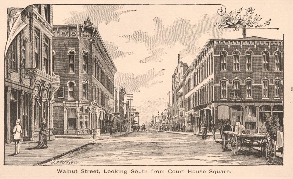 Original Wysor Opera House on the right, southwest corner of Main and Walnut Street. Patterson Block still stands (left).