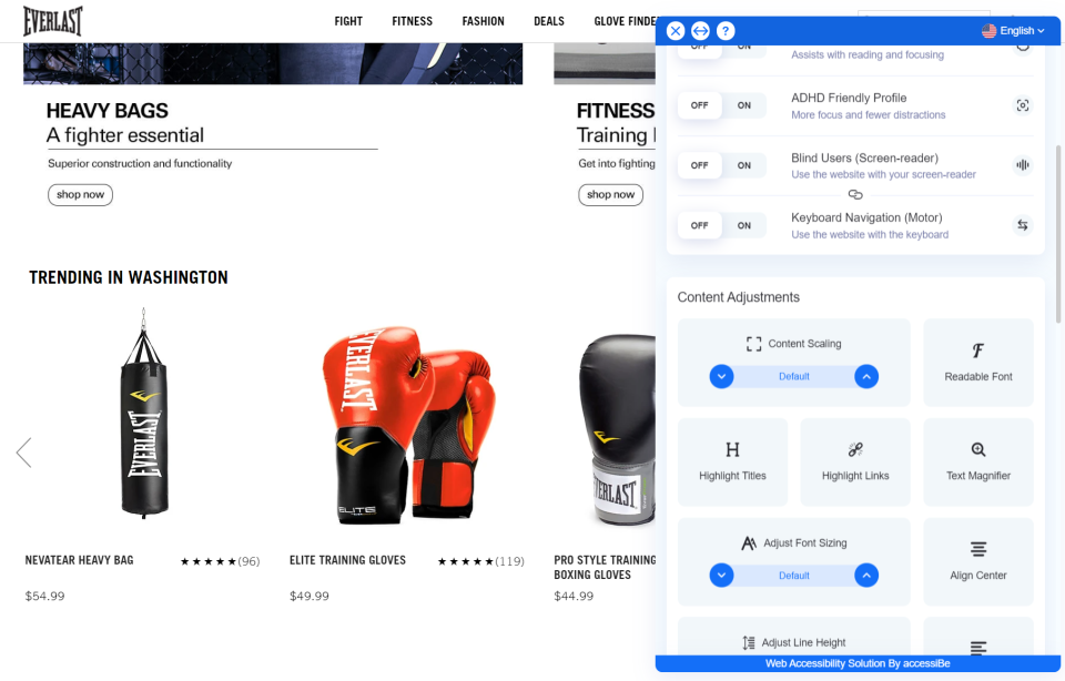 Screenshot of the Everlast website with accessiBe's overlay on the right with options to adjust text and visuals.