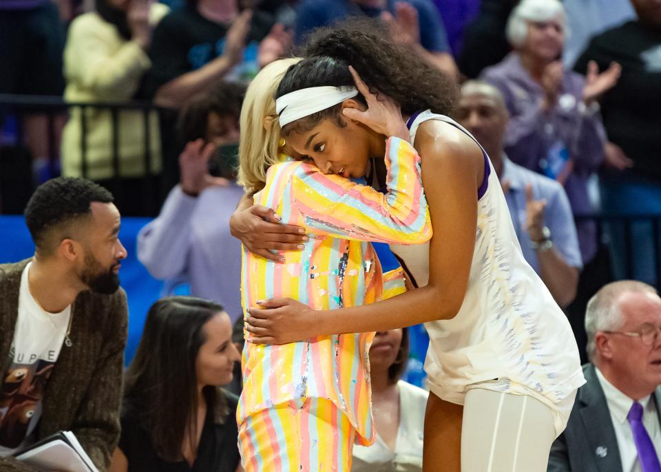 LSU Tigers Head Coach Kim Mulkey and Angel Reese hug as the Tigers defeat the Middle Tennessee Blue Raiders in the second round of the 2024 NCAA Tournament in Baton Rouge at the Pete Maravich Assembly Center on Sunday.