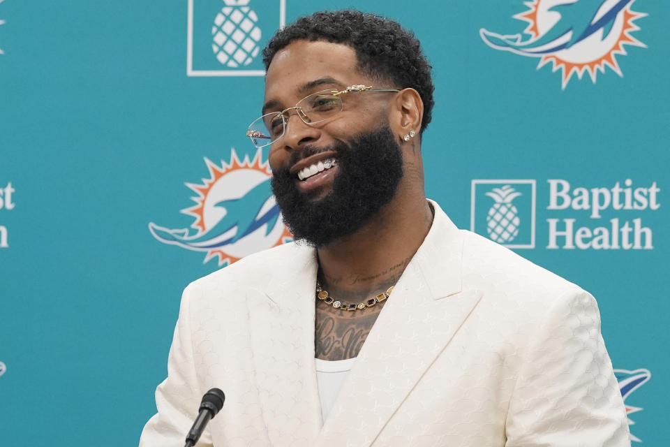 Odell Beckham Jr. speaks during an NFL football news conference, Wednesday, May 15, 2024, in Miami Gardens, Fla. Beckham, a wide receiver, signed a one year contract with the Miami Dolphins. (AP Photo/Marta Lavandier)