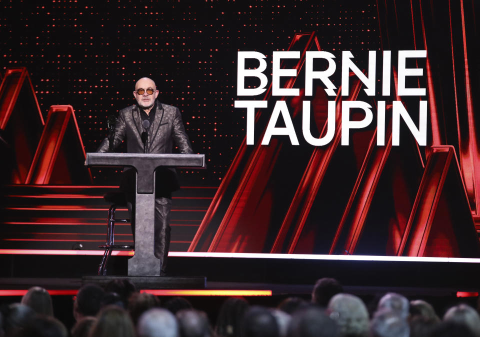 Bernie Taupin speaks during the Rock & Roll Hall of Fame Induction Ceremony on Friday, Nov. 3, 2023, at Barclays Center in New York. (Photo by Andy Kropa/Invision/AP)