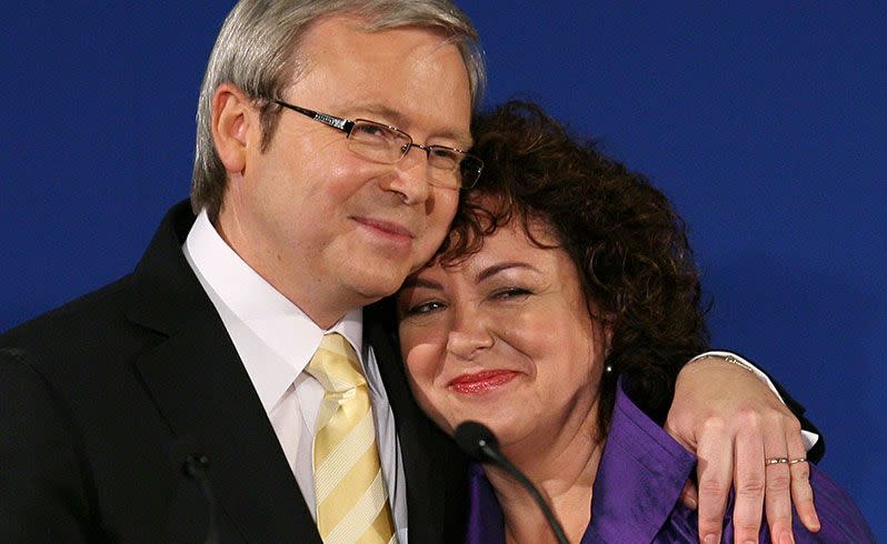 Kevin Rudd hugs his wife Therese Rein as he smiles at the crowd during the Australian Labor Party 2007 Election Night victory event. Credit:: Getty