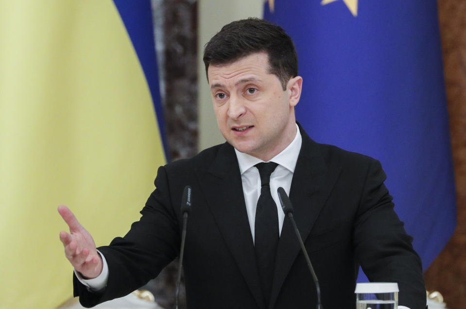 Ukrainian President Volodymyr Zelenskiy talks during a joint media conference with European Council President Charles Michel in Kyiv, Ukraine, Wednesday, March 3, 2021. (Sergiy Dolzhenko/Pool via AP)