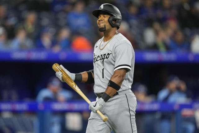 Eloy Jimenez of the Chicago White Sox reacts after striking out