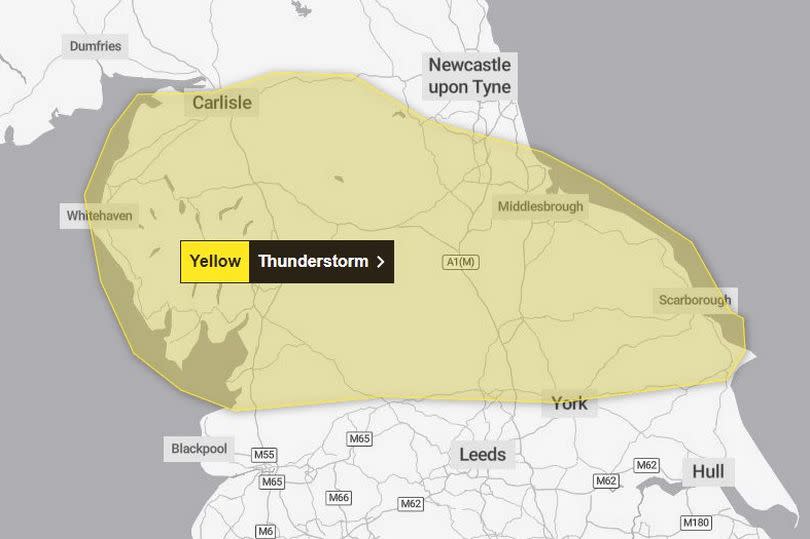 The thunderstorm warning covers County Durham and Northumberland