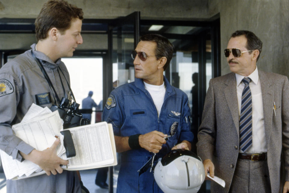 American actors Daniel Stern, Roy Scheider and Warren Oates on the set of Blue Thunder, directed by John Badham. (Photo by Columbia Pictures/Sunset Boulevard/Corbis via Getty Images)