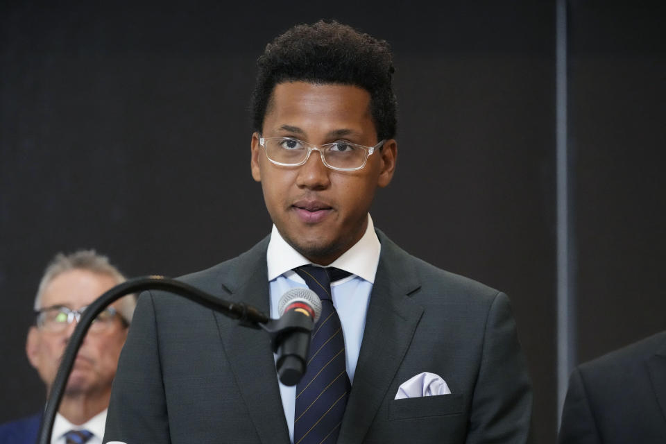 Former Northwestern quarterback Lloyd Yates speaks at a news conference in Chicago, Monday, July 24, 2023. A Northwestern hazing scandal includes multiple sports, men and women, attorneys have said. (AP Photo/Nam Y. Huh)