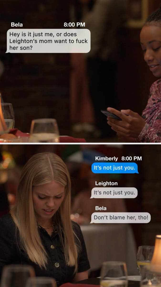 screenshot of group text from season 1 episode 6 of Sex Lives of College Girls, "Parents' Weekend"