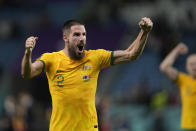 Australia's Milos Degenek celebrates his team victory during the World Cup group D soccer match between Australia and Denmark, at the Al Janoub Stadium in Al Wakrah, Qatar, Wednesday, Nov. 30, 2022. (AP Photo/Darko Vojinovic)