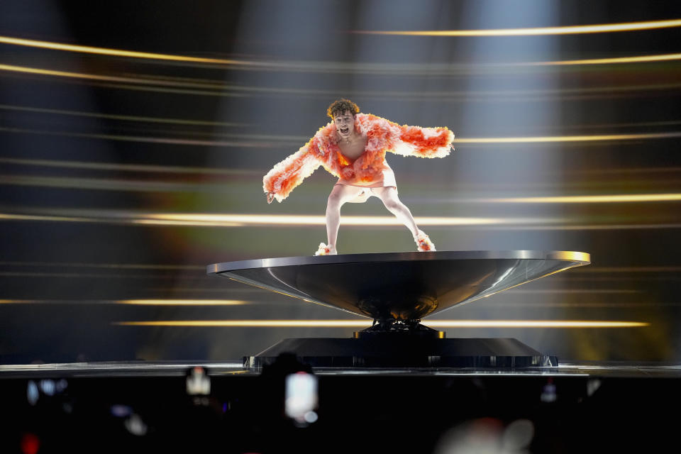 Nemo of Switzerland performs the song The Code during the second semi-final at the Eurovision Song Contest in Malmo, Sweden, Thursday, May 9, 2024. (AP Photo/Martin Meissner)
