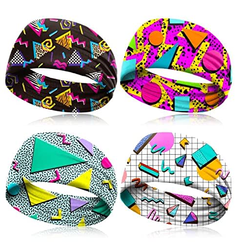 4 Pcs 80s 90s Retro Vintage Headbands Memphis Fashion Sweatbands Headbands for Men Women 80s Neon Soft Athletic Sweatband Headbands Wicking Elastic Hairband for Travel Party Hiking Cycling Running