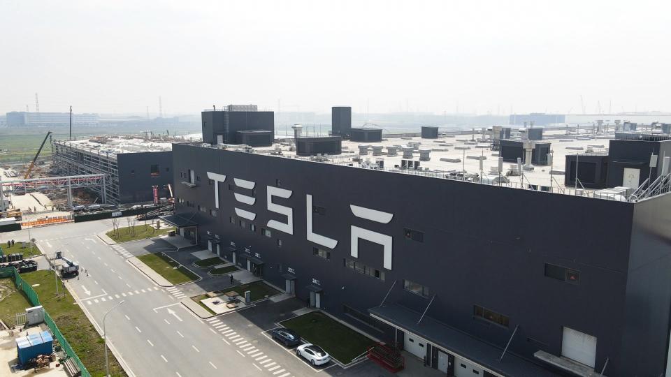 An aerial view of Tesla Shanghai Gigafactory on March 29, 2021 in Shanghai, China. Tesla Shanghai Gigafactory is reportedly producing vehicles at a rate of about 450,000 cars per year.