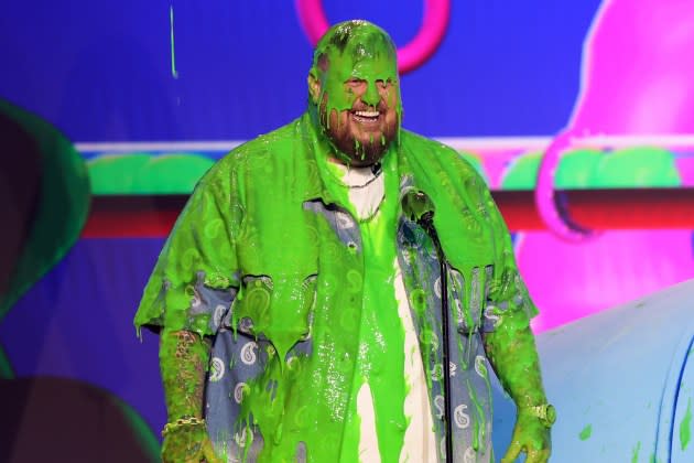 Jelly Roll gets slimed onstage during Nickelodeon Kids' Choice Awards 2024 at Barker Hangar on July 13, 2024 in Santa Monica, California. - Credit: Phillip Faraone/Getty Images for Nickelodeon