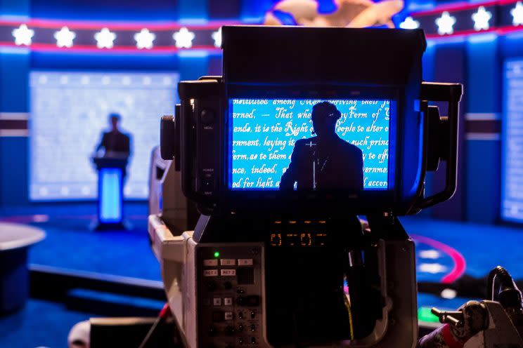 A stand-in for Donald Trump is seen in a television camera monitor as preparations continue for the presidential debate at Hofstra University in Hempstead, N.Y. (Photo: J. David Ake/AP)