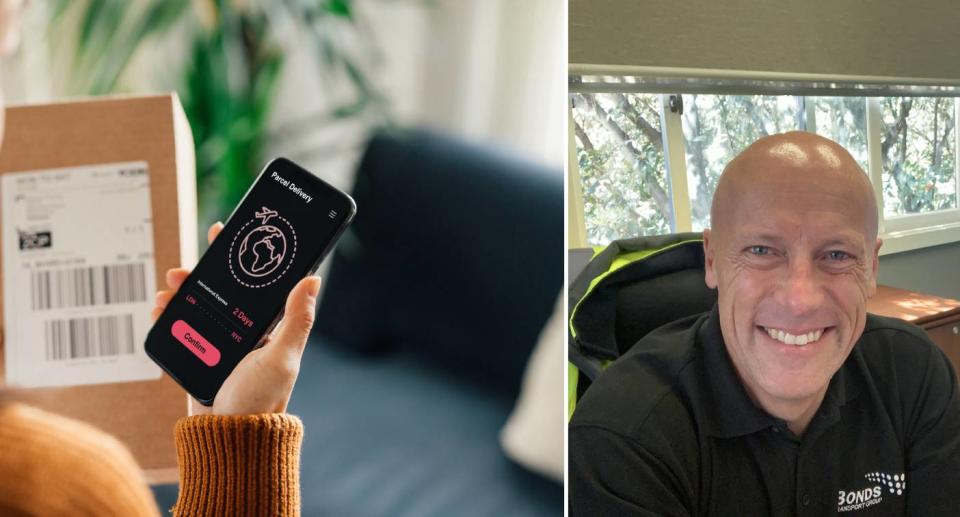 Hand holds phone and parcel (lfet), Mr Ryce (right). Source: Getty Images (left), Sling and Stone (provided, right)