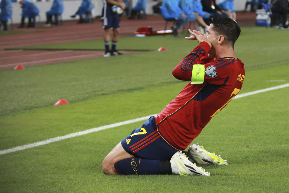 Spain's Alvaro Morata celebrates after scoring his side's opening goal during the Euro 2024 group A qualifying soccer match between Georgia and Spain at Boris Paichadze Dinamo Arena in Tbilisi, Georgia, Friday, Sept. 8, 2023. (AP Photo/Zurab Tsertsvadze)