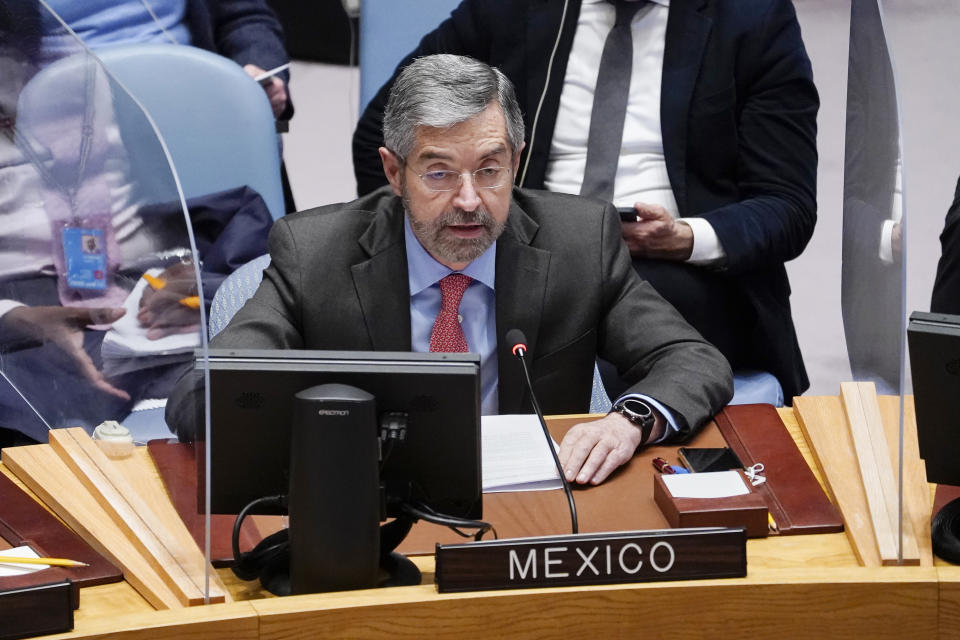 Juan Ramon de la Fuente, Permanent Representative of Mexico to the United Nations, speaks during a meeting of the United Nations Security Council, Tuesday, April 19, 2022, at United Nations headquarters. (AP Photo/John Minchillo)