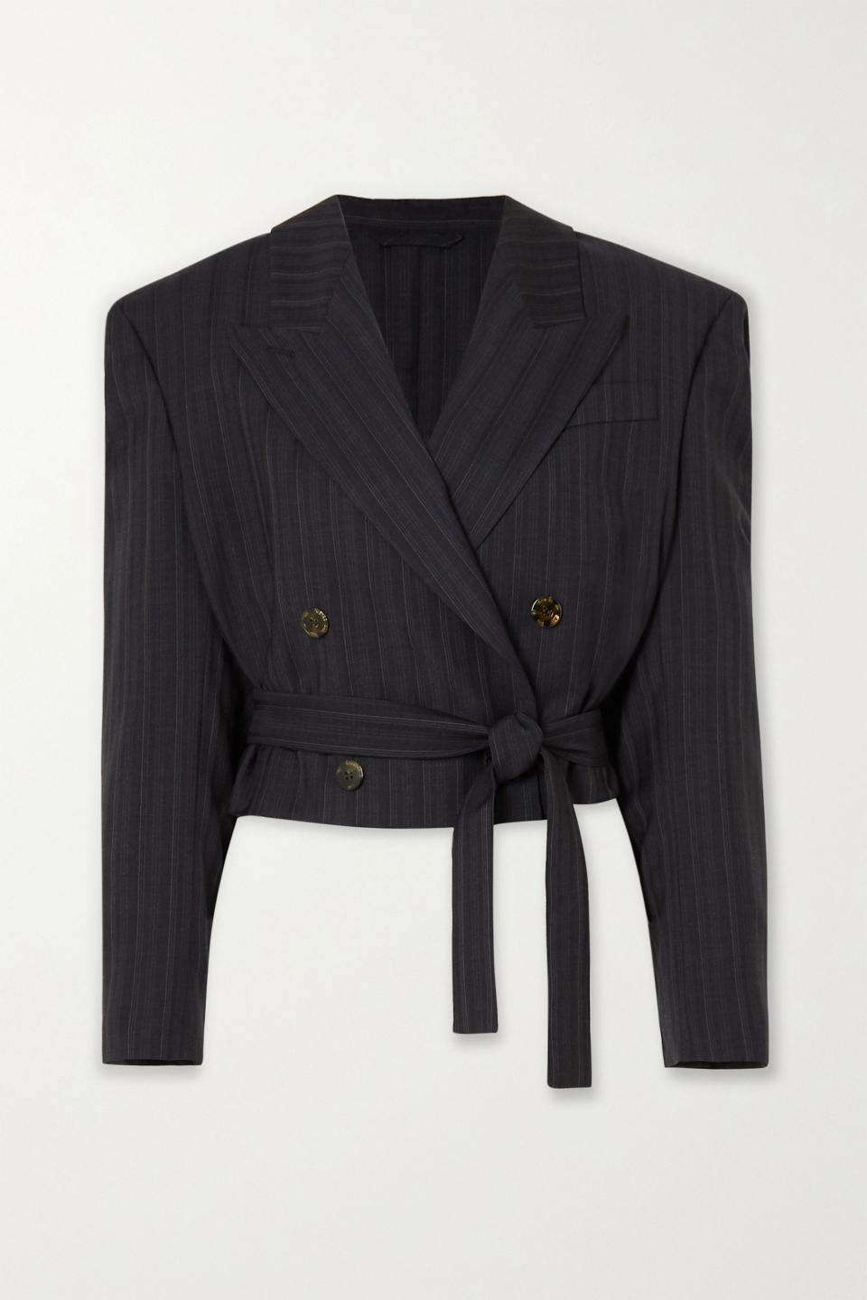 Cropped double-breasted pinstriped wool blazer