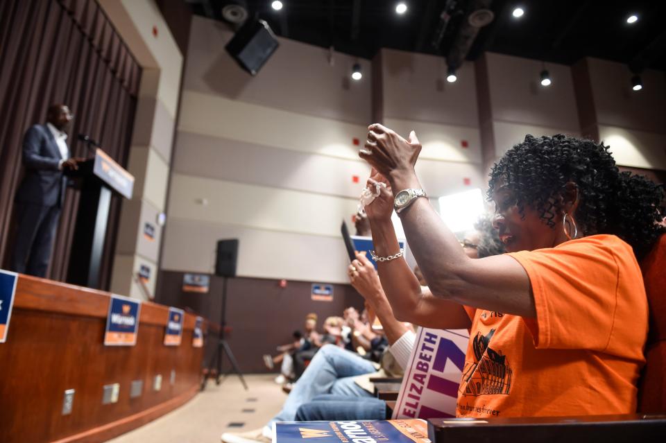 The crowd cheers during the Warnock for Georgia rally at Augusta Technical College on Thursday, Sept. 1, 2022. Sen. Warnock, D-Ga., spoke on issues such as President Biden's recent student loan forgiveness and Georgia infrastructure.