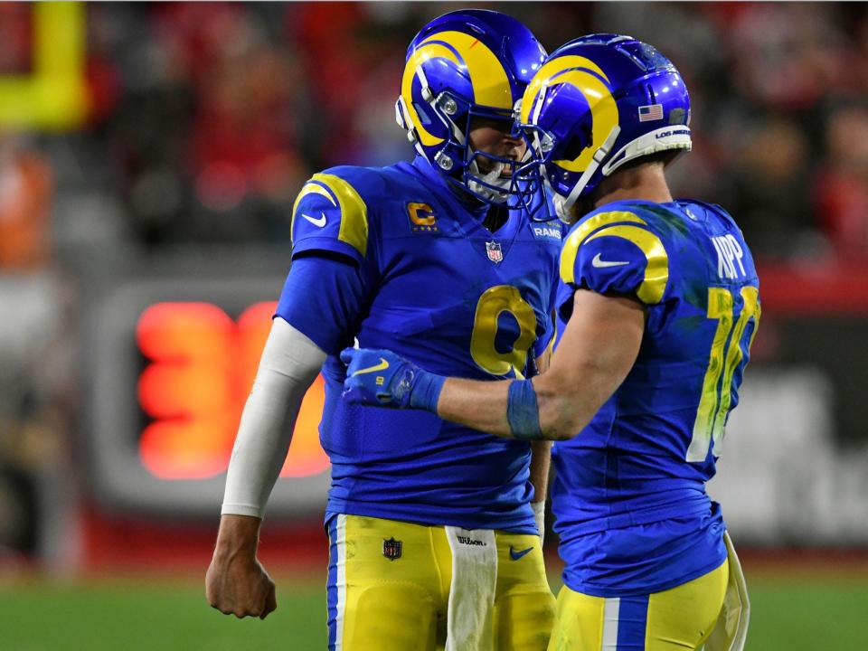 Matthew Stafford and Cooper Kupp celebrate a play against the Tampa Bay Buccaneers.