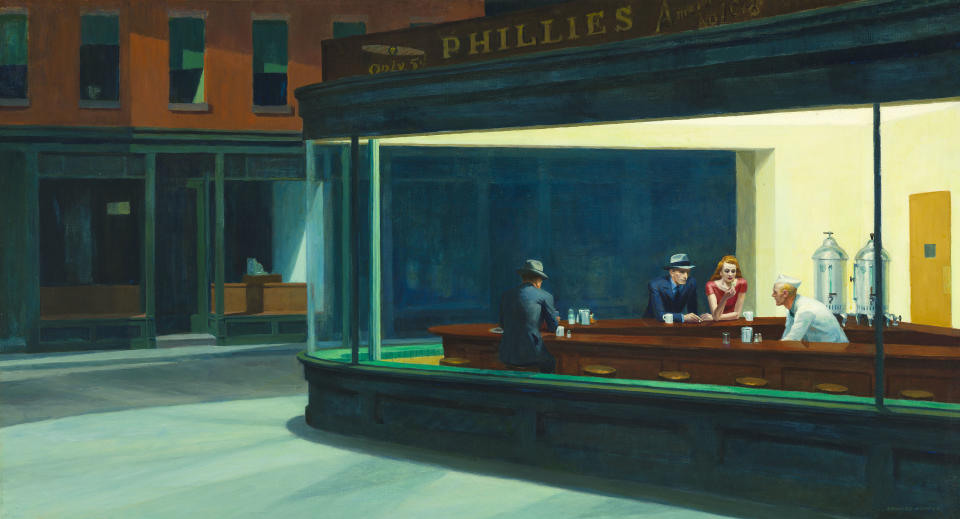 This image provided by the Art Institute of Chicago via Art Everywhere shows Edward Hopper's 1942 "Nighthawks." Five museums say they are organizing the largest outdoor art show to showcase American art nationwide this summer. Beginning Monday, April 7, 2014, curators are asking the public to vote online to choose which artwork will be featured on 50,000 displays for the “Art Everywhere” initiative in August. Members of the Outdoor Advertising Association of America are donating the space. (AP Photo/Art Institute of Chicago)