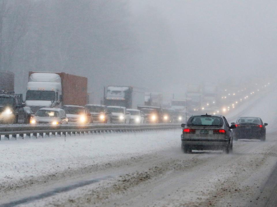 Northbound traffic on I-95 is at a standstill following a tractor trailer that jack-knived in the snowstorm.