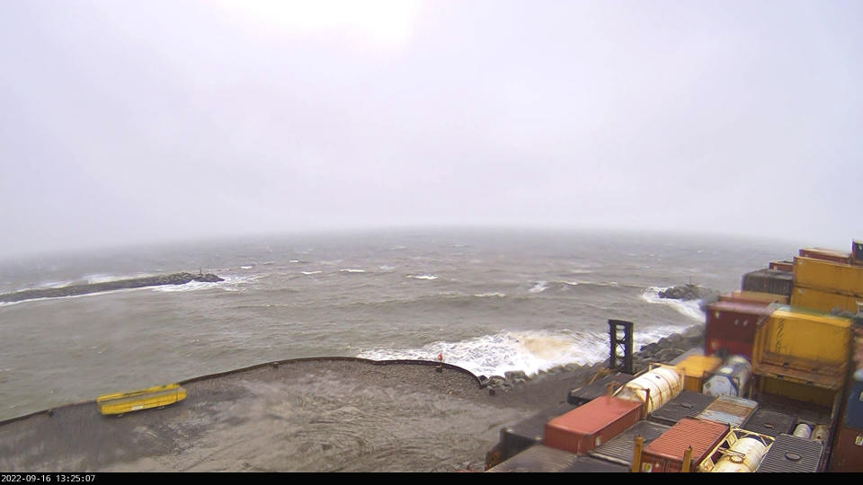 This image provided by the Alaska Ocean Observing System National Oceanic and Atmospheric Administration shows a view from a web cam in Nome, Alaska, Friday, Sept. 16, 2022. Much of Alaska's western coast could see flooding and high winds as the remnants of Typhoon Merbok moved into the Bering Sea region. The National Weather Service says some locations could experience the worst coastal flooding in 50 years. (Alaska Ocean Observing System and NOAA via AP)