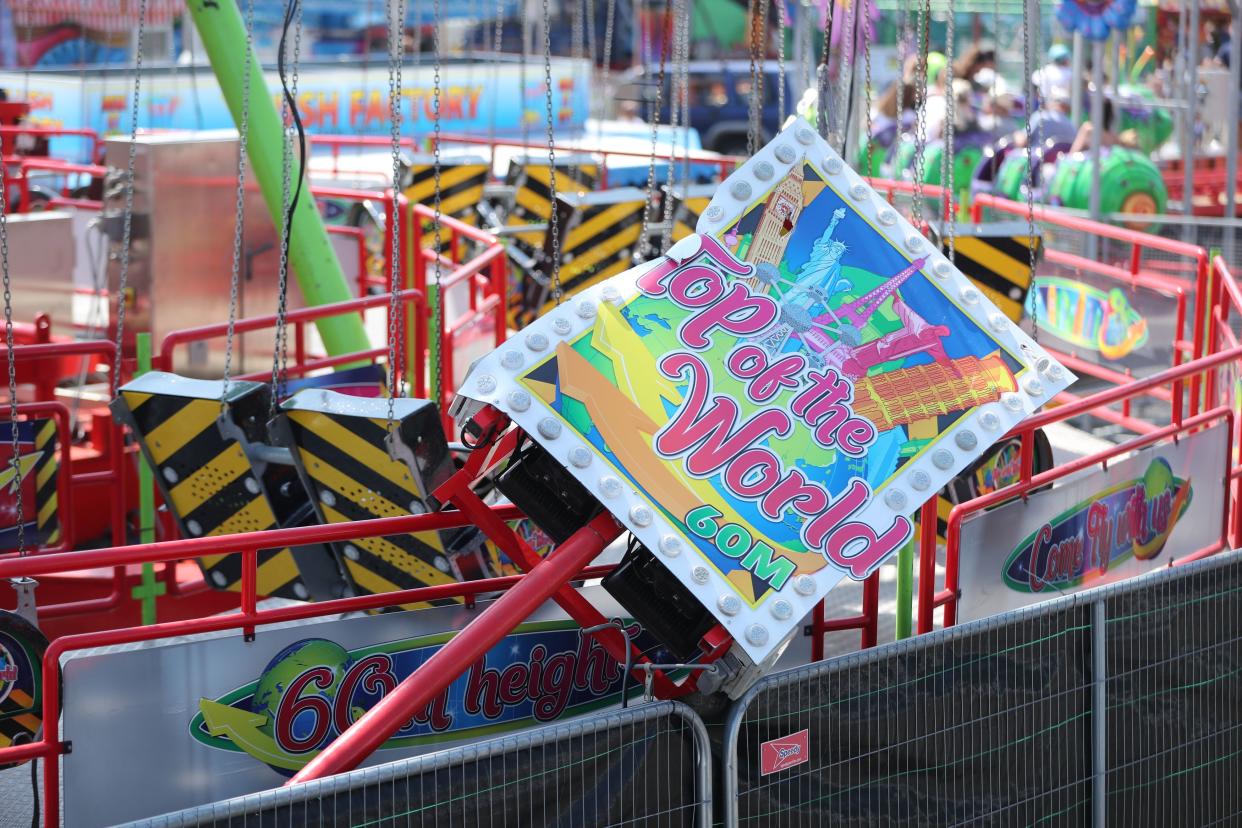 The Star Flyer funfair ride at Planet Fun in Carrickfergus, Co Antrim, which collapsed on Saturday evening, injuring six people (PA)