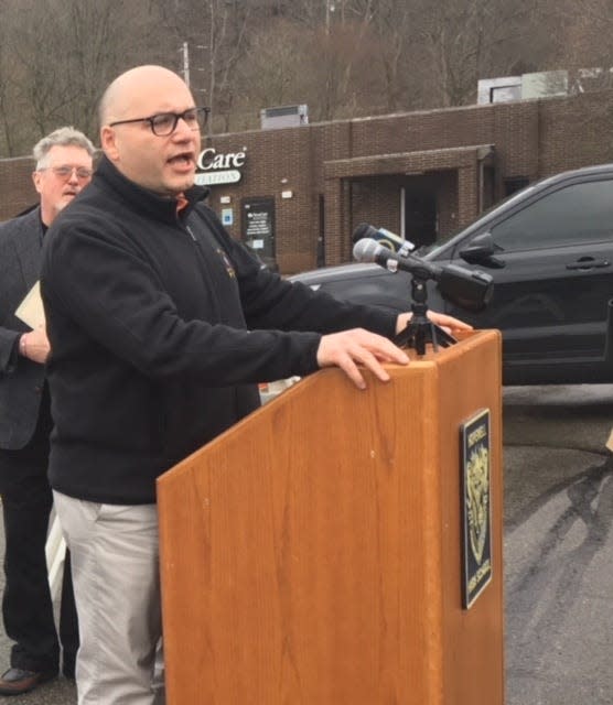 State Rep. Rob Matzie, D-16, Ambridge, discusses the Restore Pennsylvania disaster-relief plan in Hopewell Township.