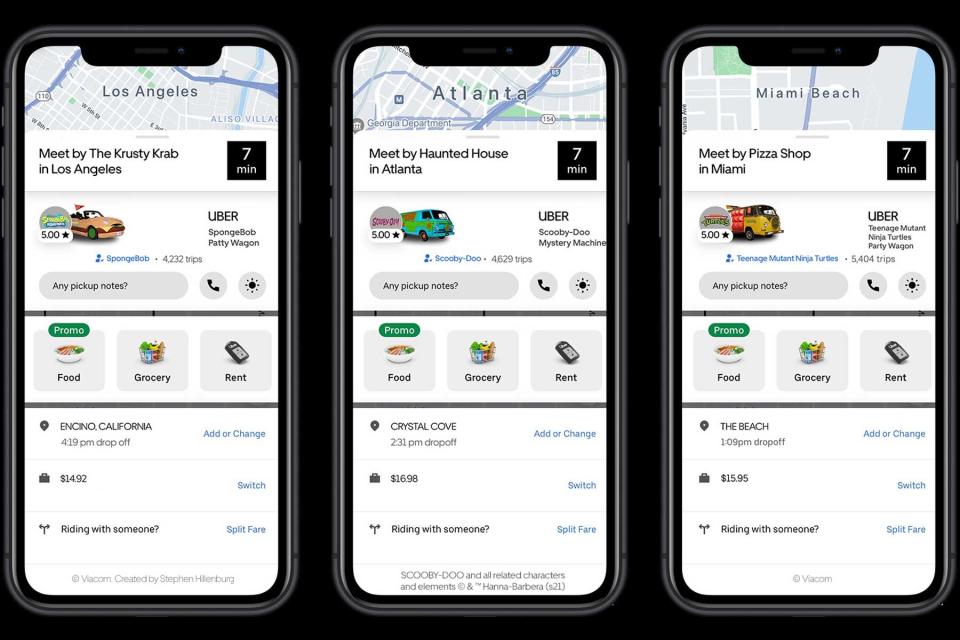 Three Uber app screens showing the different Halloween fun ride options in Miami, LA and Atlanta.