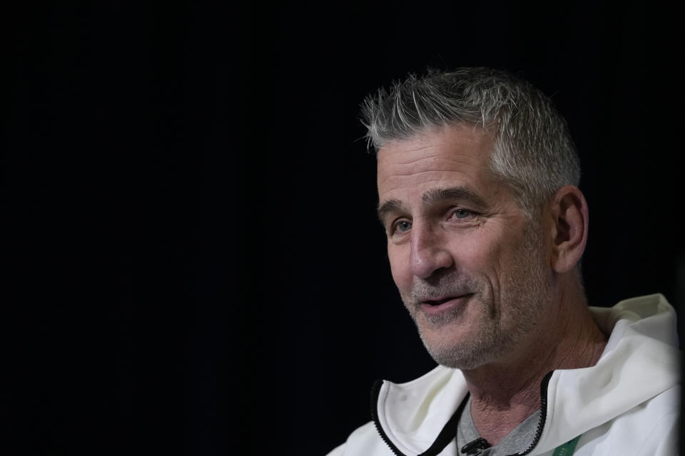 Carolina Panthers head coach Frank Reich speaks during a press conference at the NFL football scouting combine in Indianapolis, Wednesday, March 1, 2023. (AP Photo/Michael Conroy)