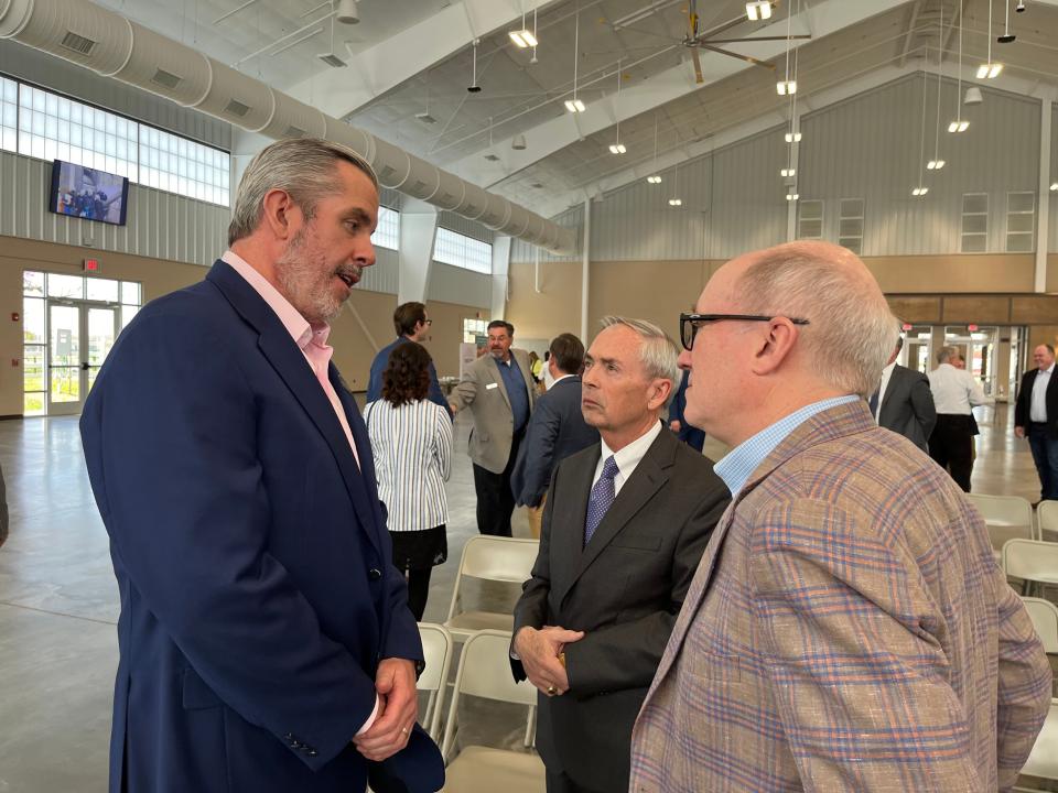 Bridgetown Natural Foods CEO Dan Klock, left, speaks with Wilson County Mayor Randall Hutto, center, and Lebanon Mayor Rick Bell, right, at the Made In Tennessee Building at the James E. Ward Agricultural Center on March 20, 2024.