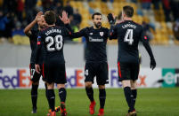 Soccer Football - Europa League - FC Zorya Luhansk vs Athletic Bilbao - Arena Lviv, Lviv, Ukraine - December 7, 2017 Athletic Bilbao's Aymeric Laporte celebrates after the match with Mikel Balenziaga and team mates REUTERS/Gleb Garanich