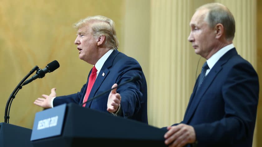 US President Donald Trump (L) and Russia's President Vladimir Putin give a joint news conference following their meeting at the Presidential Palace. Helsinki, Finland, July 16, 2018. (Valery Sharifulin/Tass/Abaca Press/TNS) ** OUTS - ELSENT, FPG, TCN - OUTS **