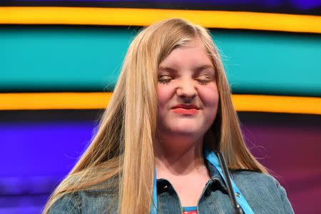 May 30, 2018; National Harbor, MD, USA; Lyla Heising spelled the word finial incorrectly during the 2018 Scripps National Spelling Bee at the Gaylord National Resort and Convention Center. Mandatory Credit: Jack Gruber-USA TODAY NETWORK