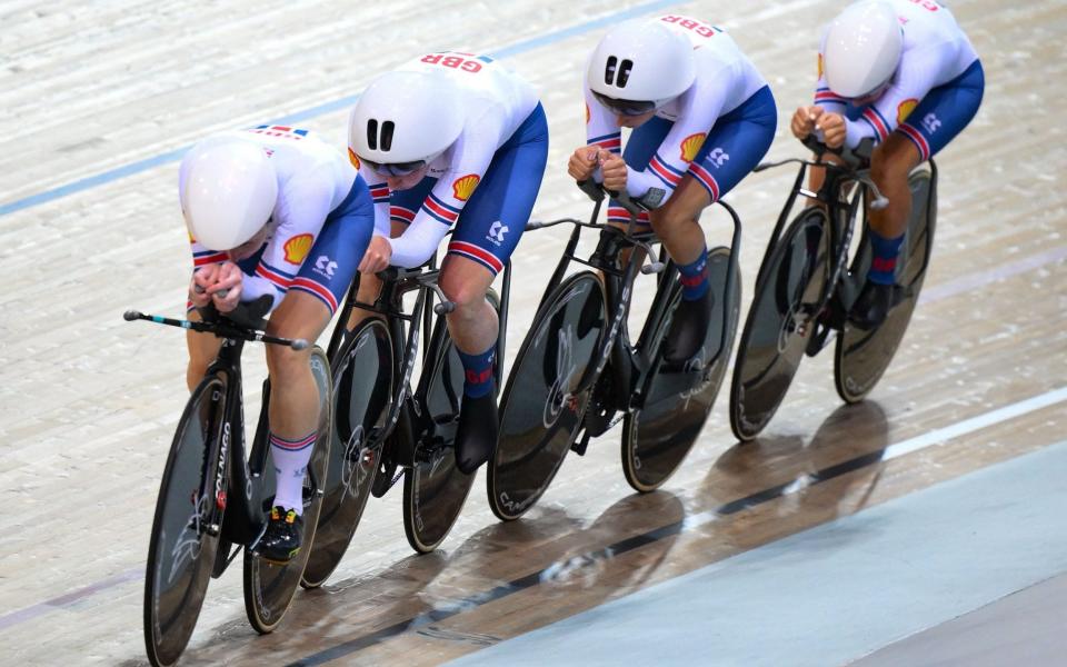British team riders Neah Evans, Katie Archibald, Josie Knight and Anna Morris compete in the Women's Team Pursuit - British Cycling chief resigns after fierce backlash to Shell sponsorship deal and trans row - Getty Images/Anne-Christine Poujoulat