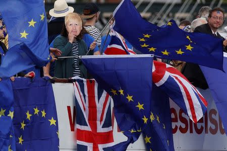 Anti-Brexit, pro-European Union Remain supporters wave flags as they travel up and down the River Thames, outside the Houses of Parliament, in London, Britain August 19, 2017. REUTERS/Luke MacGregor