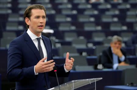 Austrian Chancellor Sebastian Kurz delivers a speech during a debate on the priorities of the Austrian presidency of the E.U. for the next six months, at the European Parliament in Strasbourg, France, July 3, 2018. REUTERS/Vincent Kessler