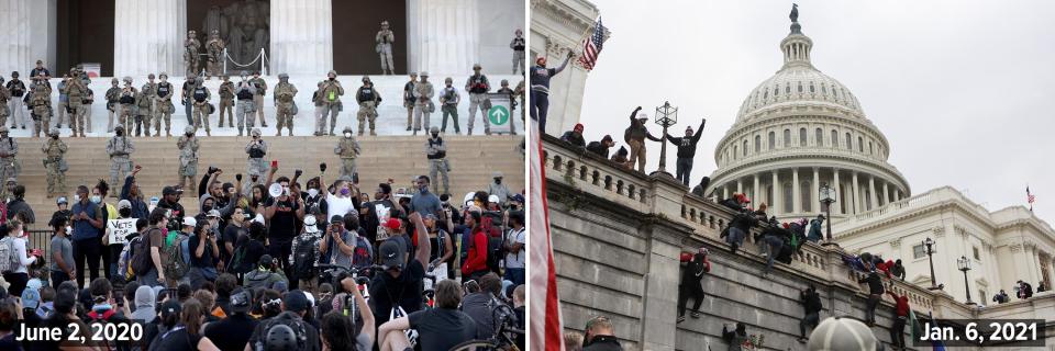 Left: Members of the D.C. National Guard stand on the steps of the Lincoln Memorial monitoring demonstrators during a peaceful protest against police brutality and the death of George Floyd on June 2, 2020.  Right: Supporters of U.S. President Donald Trump climb on walls at the U.S. Capitol during a riot against the certification of Joe Biden&rsquo;s election win on Jan. 6, 2021. (Photo: Getty Images/Reuters)