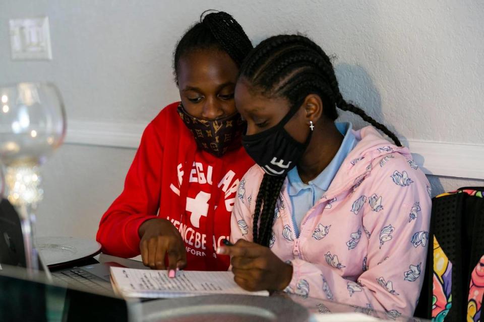 Summer Miller, 12, left, and Asia Dorsett, 12, both seventh-graders at Charles R. Drew K-8 Center in Miami, study after school at Miller’s home in Liberty City.