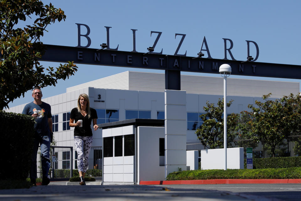 The entrance to the Activision Blizzard Inc. campus is shown in Irvine, California, U.S., August 6, 2019.   REUTERS/Mike Blake - RC17221A5B00