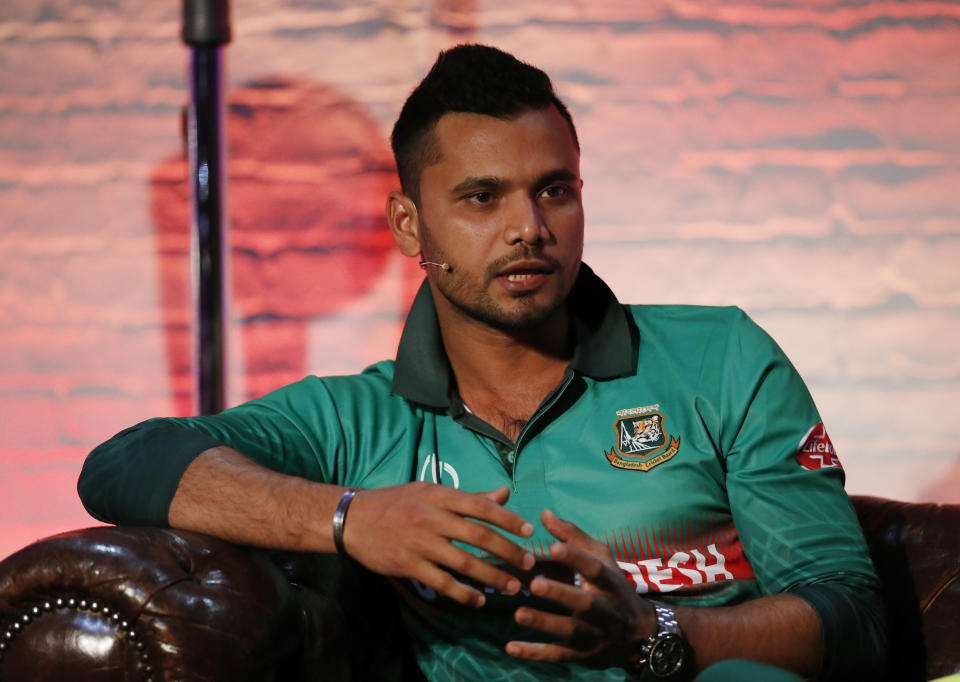 Bangladesh's Mashrafe Mortaza gestures, during the Captains' Press Conference, in London, Thursday, May 23, 2019. The Cricket World Cup starts on Thursday May 30. (Andrew Boyers/Pool Photo via AP)