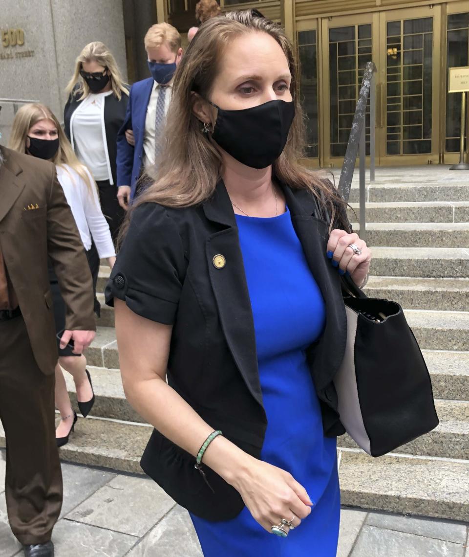 Natalie Mayflower Sours Edwards leaves court after receiving a six-month prison sentence for leaking confidential financial reports to a journalist at Buzzfeed, Thursday June 3, 2021, in New York. (AP Photo/Larry Neumeister)