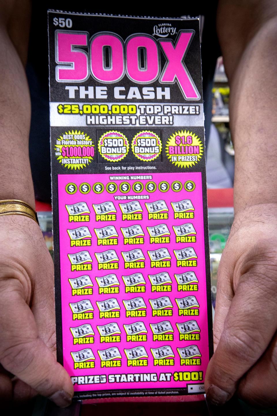 The Florida Lottery introduced 500X The Cash in late February. It's the first scratch-off ticket in the state costing $50. The previous high price for an instant game was $30.