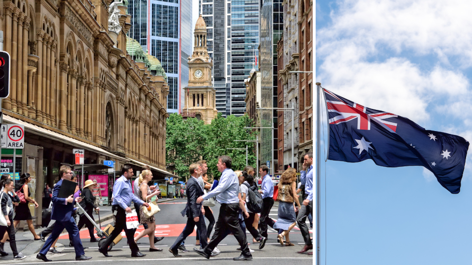 Working on Australia Day concept. Australian workers. Australian flag.