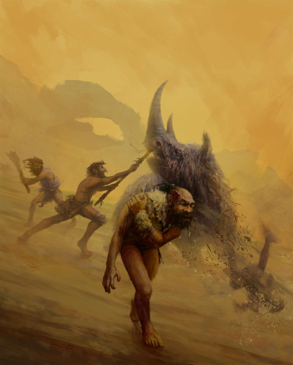 This illustration provided by Gleiver Prieto and Katerina Harvati shows a group of Neanderthals hunting with non-projectile weapons. A new analysis released on Wednesday, Nov. 14, 2018 says life as a Neanderthal was no picnic, but no more dangerous than what our own species faced in ancient times. (Gleiver Prieto/Katerina Harvati via AP)