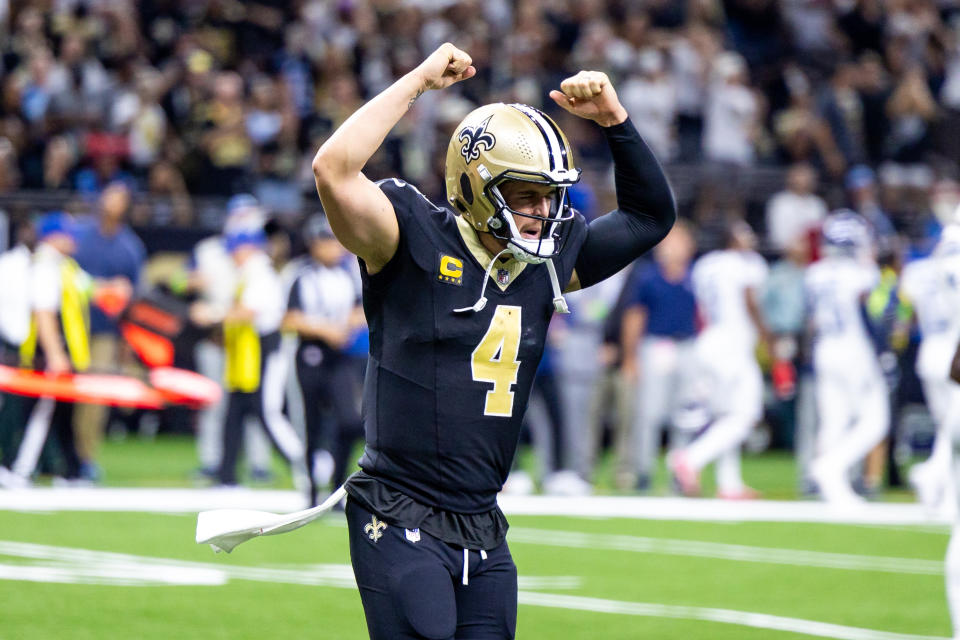 Sep 10, 2023; New Orleans, Louisiana, USA; New Orleans Saints quarterback <a class="link " href="https://sports.yahoo.com/nfl/players/27564" data-i13n="sec:content-canvas;subsec:anchor_text;elm:context_link" data-ylk="slk:Derek Carr;sec:content-canvas;subsec:anchor_text;elm:context_link;itc:0">Derek Carr</a> (4) celebrate a touchdown pass to New Orleans Saints wide receiver <a class="link " href="https://sports.yahoo.com/nfl/players/34659" data-i13n="sec:content-canvas;subsec:anchor_text;elm:context_link" data-ylk="slk:Rashid Shaheed;sec:content-canvas;subsec:anchor_text;elm:context_link;itc:0">Rashid Shaheed</a> (22) against the Tennessee Titans during the second half at the Caesars Superdome. Mandatory Credit: Stephen Lew-USA TODAY Sports