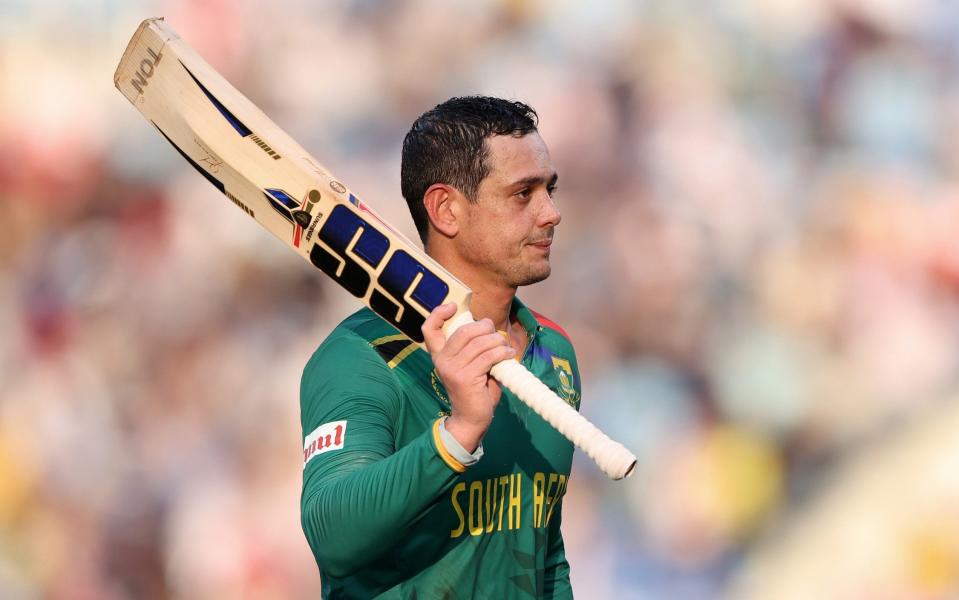 Quinton de Kock of South Africa makes their way off after being dismissed for 109 during the ICC Men's Cricket World Cup India 2023 between Australia and South Africa at BRSABVE Cricket Stadium on October 12, 2023 in Lucknow, India.